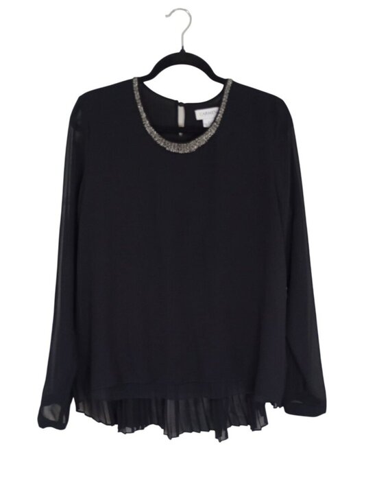 Carmen Marc Valvo Tops - Carmen Marc Valvo Black Beaded Neckline Blouse Pleated Back Hem Womens Large